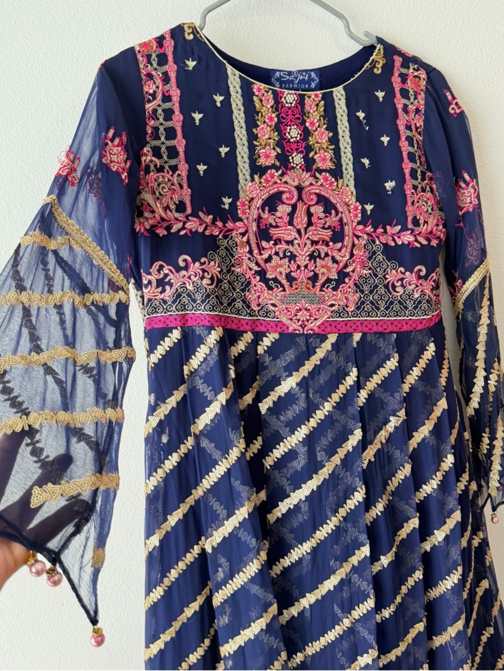 Blue And Pink Sajni Fashion Embroidered 3-Piece Suit (Small) View 2